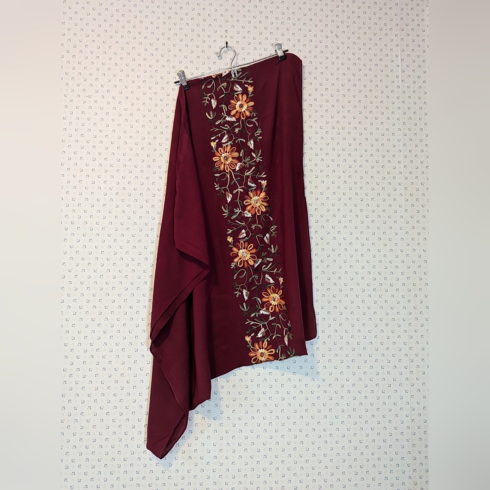 Embroidered Burgundy Scarf 32" x 64" Infinity Festival Boho Hippie Prairie Core